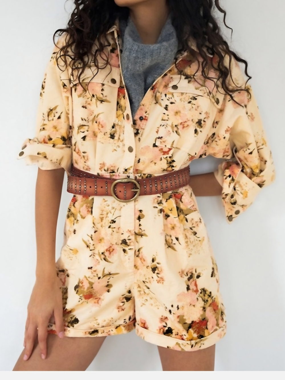 Free People Cream Floral Short Romper with Pink & Green Accents